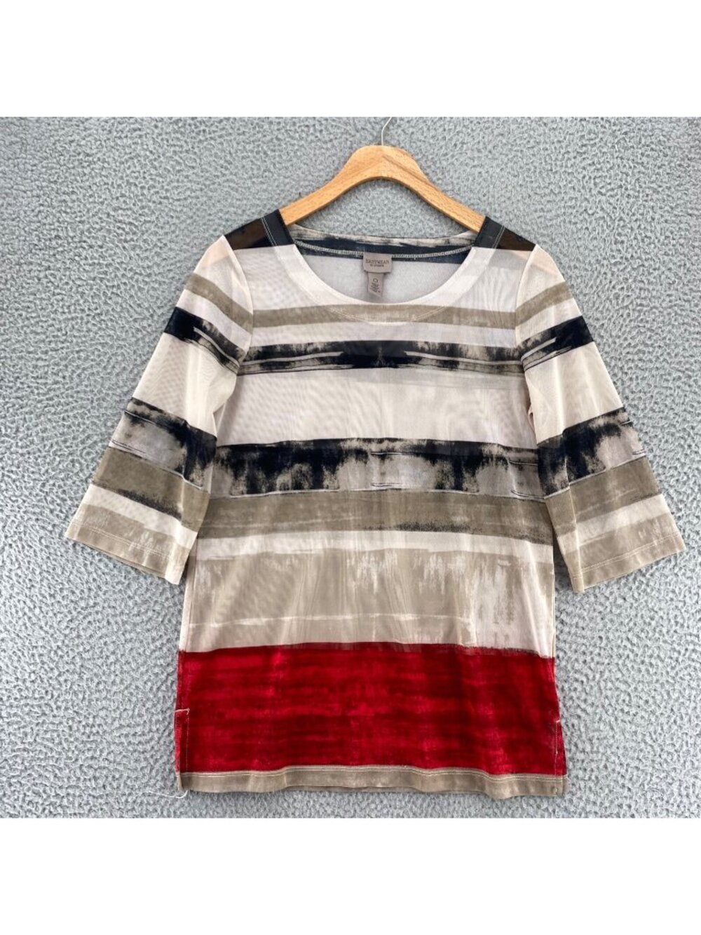 Chicos Top Womens 0 US Small Red Beige Colorblock Mesh 3/4 Sleeve Stretch Casual